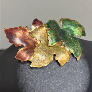 Vintage Fall Autumn Brooch Pin Figural Leaves Green Gold Orange Enamel